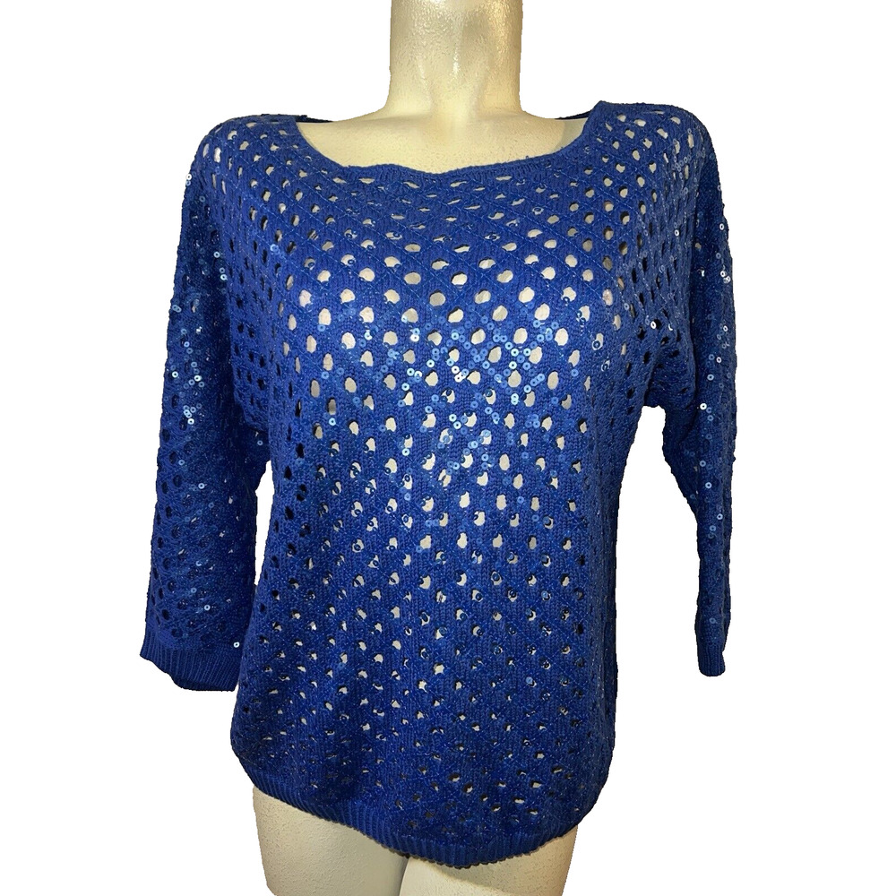 CHICO'S Sweater M (1) Blue Sequins Open Weave Knit 3/4 Slv‎ Pullover Party Beach